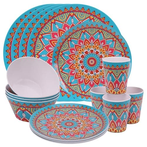 Image of Trimming Shop 16pcs Melamine Dinner Set | Plates, Dessert Plates, Bowls & Cups | Moroccan Dinner Set | Party Dinnerware | Service for 4 | Reusable Dinnerware Set for Indoor, Outdoor, Picnic & Camping