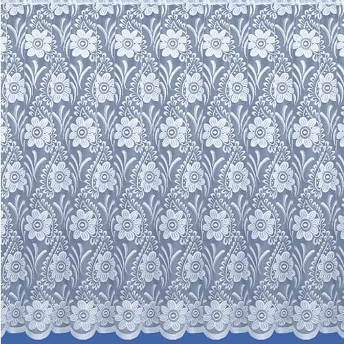 Image of 2.5 Metres Wide x 40" (101cm) Drop - Calgary White Heavy Lace Net Curtain With Retro All Over Floral Design - Patterned Scalloped Hem - Easy To Hang With Slot Top Header - By Kellys Soft Furnishings