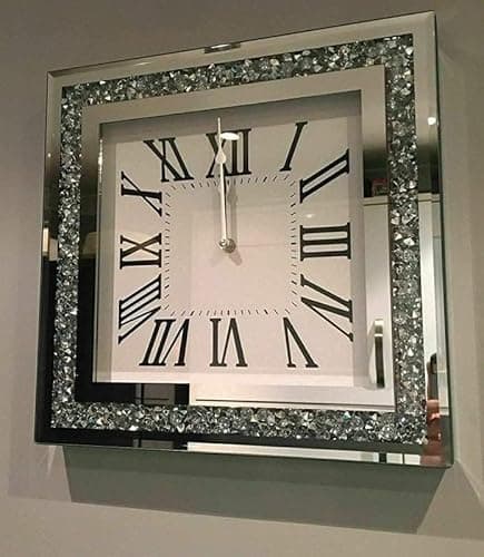 Image of DEENZ SQUARE LOOSE DIAMANTE MIRRORED WALL CLOCK CRUSHED JEWEL ROMAN NUMBER GLASS CLOCK 35CM