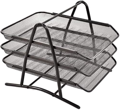 Image of 3-Tier Document Tray, Desktop File Organiser, Openwork Mesh Design, A4 Paper Storage Rack, Home Office Desk Letter Sorting Organiser, Black
