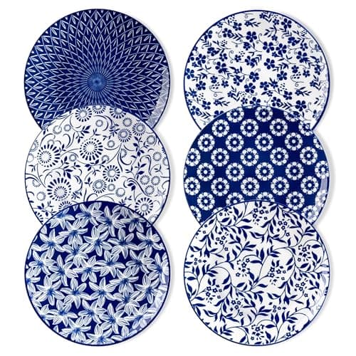 Image of vancasso Selene 8.25 Inch Dinner Plates Set of 6, Small Porcelain Vintage Blue Plates for Pasta,Dessert,Salad,Appetizer,Steak/Main Course, Microwave & Dishwasher Safe, Scratch-Resistant