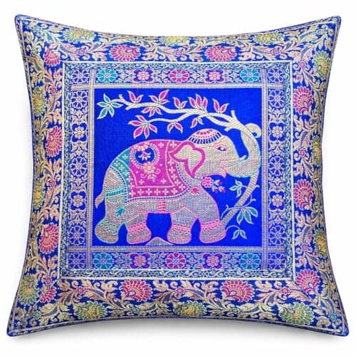 Image of Original Kikan Indian Elephant Mandala Silk Cushion Covers Sari Brocade Boho Home Decor Cushion- Pillow Cases 16”x16” Zip Closure Banarsi | Ethnic - Handmade - Patchwork (Royal Blue)