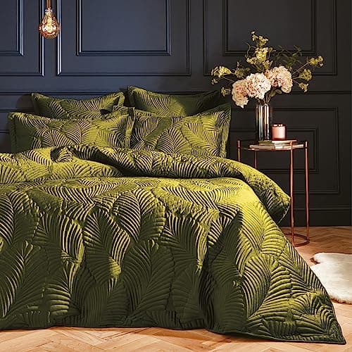 Image of Paoletti Palmeria Quilted Duvet Cover Set – Luxe Embroidered Velvet Bedding (Moss – Super King)