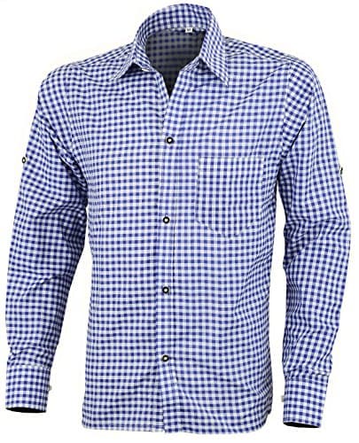 Image of Mens Bavarian Classic Style Lederhosen Longsleeves Blue Checked Shirts (XL)