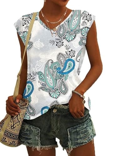 Image of ASKSA Women's Print Cap Sleeve V Neck T-Shirt Summer Casual Loose Fit Shirts Tank Tops (Floral White Green,S)