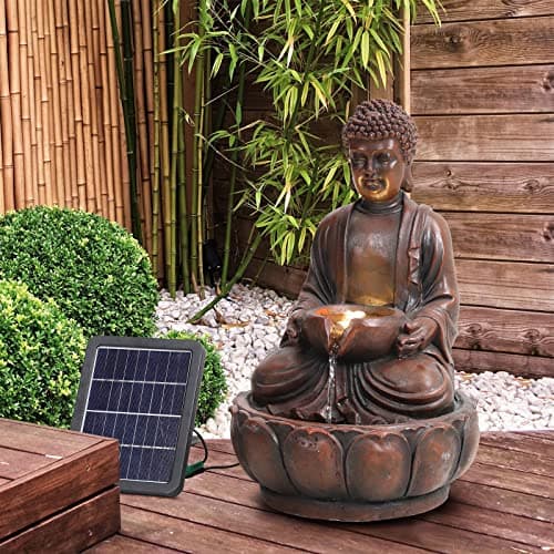 Image of BTGGG Solar Powered Garden Water Feature Indoor/Outdoor Fountain Meditating Buddha Water Fountain Yard Garden Water Feature with LED Light Statues Patio Decoration