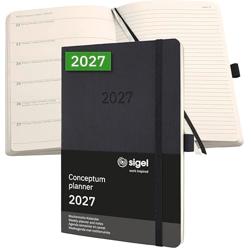 Image of SIGEL C2724 Weekly planner and notes Conceptum 2027-1 year - approx. A5 - black - 2 pages = week on left/notes on right - softcover - 80 gsm - 192 p. - FSC-certified