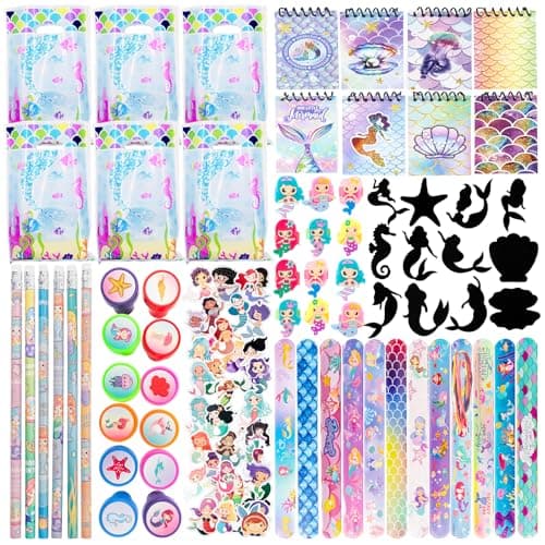 Image of Mermaid Party Bag Fillers for Kids - 148PCS Party Favours with PE Bags Slap Bracelets Notebook Stickers Pencils Rings, Give Away Girls for Pinata Fillers Birthday Toys Favours Class Rewards