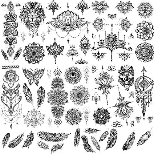 Image of rainday 8 Sheets Black Temporary Tattoo Stickers Art Stickes For Adults Women Girls Lace Feather Mandala Flower Lion Large Big Arm Tattoo Stickers Body Sticker