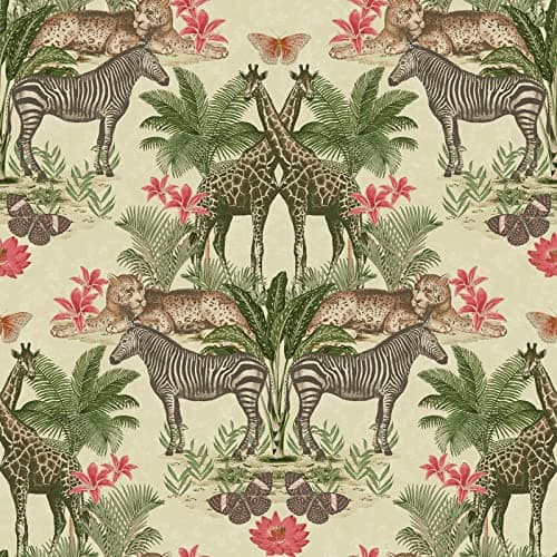 Image of Grandeco Animal Kingdom Jungle Smooth Wallpaper, Neutral Green
