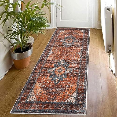 Image of SHACOS Boho Hallway Runner Rug Non Slip 50 x 150 cm Vintage Hall Runners Washable Narrow Rugs Floor Carpet Runner for Kitchen Entryway Bedroom, Red