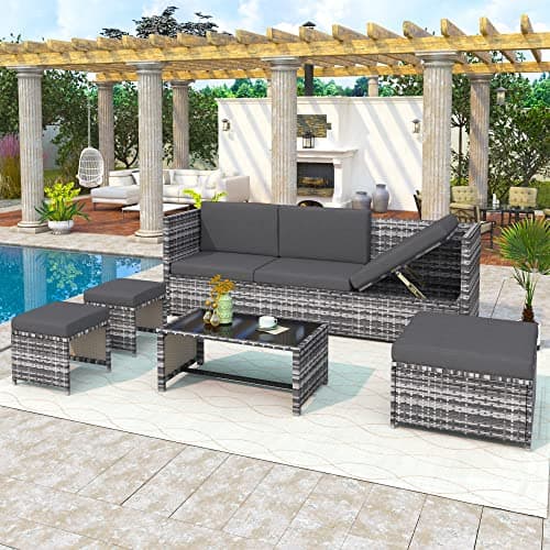 Image of BTM 6 Seater Garden Furniture Set, PE Ratten Garden Sofa Set, Lounge Set with an Adjustable Seat for Lying & Tee Table & Cushions & Ottomans