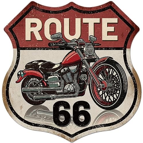 Image of GLOBLELAND Vintage Metal Motorcycle Tin Sign Retro "Route 66" Shield Metal Wall Decor Funny Decorative Tin Sign Art Plaque Poster 12×12"/30x30cm for Home Kitchen Bar Club Decoration