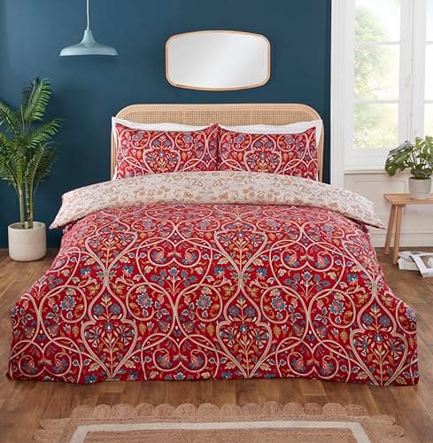 Image of Rapport home Harrow Microfibre Duvet Cover Set Single | Luxurious Floral Vintage Damask Reversible 2-Piece Bedding for Bedroom Comfort | Ruby Red