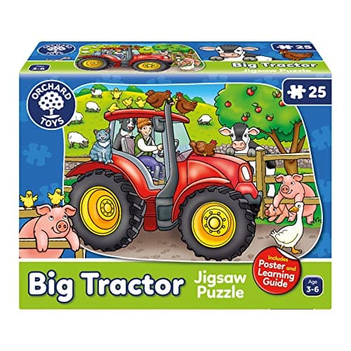 Image of Orchard Toys Big Tractor Jigsaw Puzzle, 25-Piece Farm Themed Shaped Puzzle For Ages 3-6, Includes Poster, Perfect Party Gift