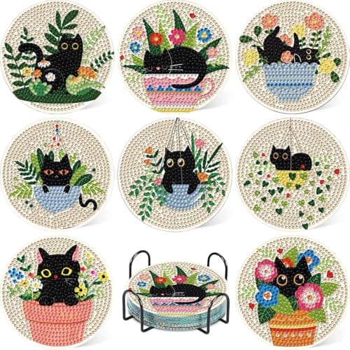 Image of 8 Pcs Cat Diamond Art Coasters Kit with Holder, Cat Diamond Painting Coasters Complete Kit, Gem Art Coaster for Women, Teens and Beginners, Relaxing DIY Craft Gift