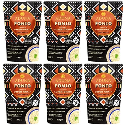 Image of Aduna Organic Fonio Supergrain | Ancient African Wholegrain Rich in Iron, Zinc, B Vitamins & Fibre | Natural Gluten-Free Rice, Quinoa & Couscous Alternative | Porridge, Salads, & Stir-Fries | 6 x 250g