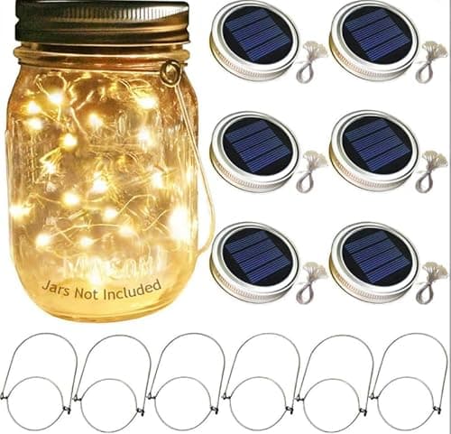 Image of Solar Mason Jar Lights, 6 Pack 20 LED Waterproof Fairy Firefly Jar Lids String Lights with Hangers(NO Jars),Festival Garden Shed Windows Party Decor Lanterns String Outdoor