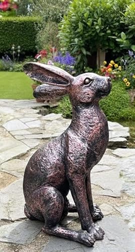 Image of My Square Mile Garden Ornaments Bronze Effect Resin Hares Set, Indoor Outdoor Moongazing and Alert Rabbit Sculptures, W17 x H36 x D16 cm (Alert Hare)