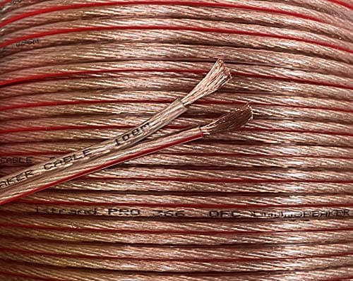 Image of iStrand Premium 14 AWG 2 x 183 Strand OFC Speaker Cable/Wire - Clear Transparent Outer Jacket with Red Polarity Marker – Outer Dimensions of Cable 8mm x 4mm (10m, 14 AWG)