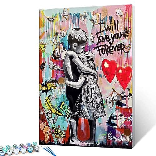 Image of Painting by Numbers Banksy Graffiti Pictures Little Boy and Girl Street Paintings Colorful Pop Wall Art DIY Oil Painting Kits on Canvas with Brushes and Acrylic Pigment 16x20inch (Frameless)