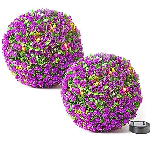 Image of Taylor & Brown 28cm Solar Powered 20 LED Rose Artificial Topiary Ball Hanging Ornament Boxwood Garden Ultra Bright Light Decorative Two Functions (2 Pack, Purple)