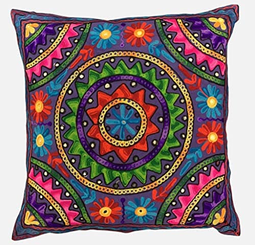 Image of Original Kikan Suzani Multi Colour Floral Embroidery 24" x 24" 60 x 60 cms Indian Ethnic Floor Cushion Cover Sofa Pillow Zipper Vegan (NAVY)