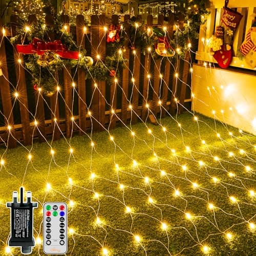 Image of Ollny Net Lights Outdoor Indoor, 200 LED 3m x 2m Mesh Fairy Lights Plug in, Waterproof String Lights with 8 Light Modes/Timer/Remote, for Outside/Garden/Window/Gazebo Ceiling Decorations, Warm White