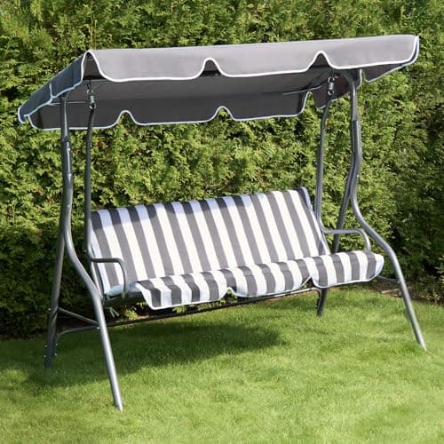 Image of OHS Garden Swing Bench, 3 Seater Swing Seat Outdoor with Adjustable Canopy & Cushioned Seats Relaxing Comfy Outdoor Patio Hammock Bench, Grey/White Stripe