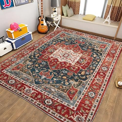 Image of Plush Area Rugs 120x170 cm Flannel Rugs, Red Retro Persian Style Printed Carpets Indoor Fluffy Rugs Anti-Skid Playing Mat for Bedroom Living Room Floor Machine Washable Carpet