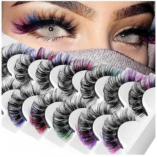 Image of 7 Pairs Colored Eyelashes, Mink Lashes With Color on End, Fluffy Colorful Lash Clusters, Dramatic Long Thick Cat Fox Eye Lashes Full Curly False Eyelash, 3d D Curl Salon Extensions Strip Pack