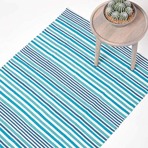 Image of HOMESCAPES Small Modern Striped Cotton Rug Blue, 60 cm x 100 cm (S), Contemporary Scandinavian Living Room & Bedroom Mats