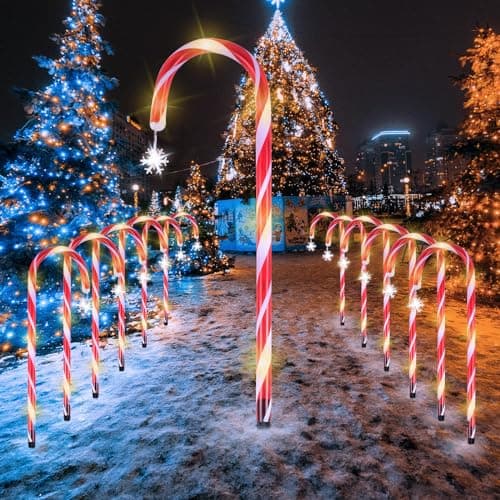 Image of MaxAwe 12Pcs Candy Cane Lights, Warm White LED Christmas Cane Decorations with 8 Light Modes, 53cm Pathway Markers Garden Lights with Snowflake for Xmas Indoor & Outdoor Festive Lighting Decoration