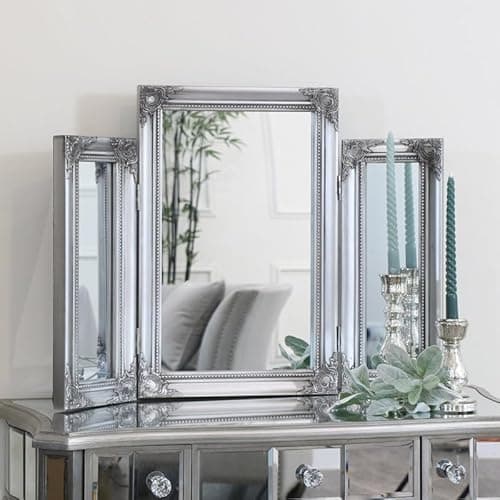 Image of Melody Maison Ornate Vintage Silver Triple Dressing Table Mirror 55cm x 74cm