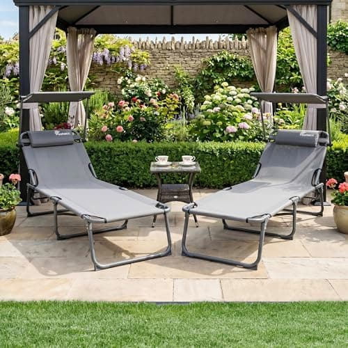 Image of SUNMER Sun Loungers with Adjustable Backrest and Shade Roof Canopy – Set of 2 Deluxe Garden Day Bed - 3 Position Reclining Folding Outdoor Sunbeds for Pool, Patio, Beach and Garden