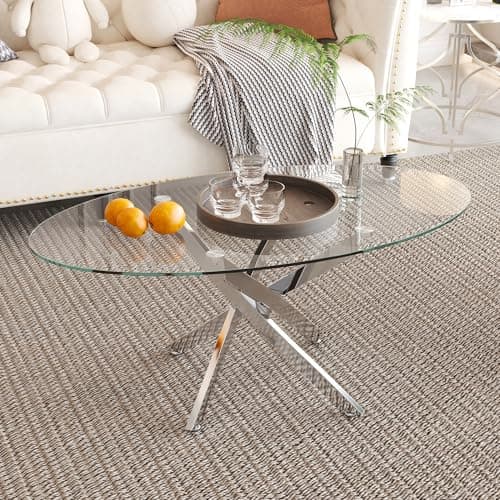 Image of GOLDFAN Oval Glass Coffee Table with Chrome Crossed Legs, Modern Clear Tempered Glass Centre Table for Living Room, Office or Apartment