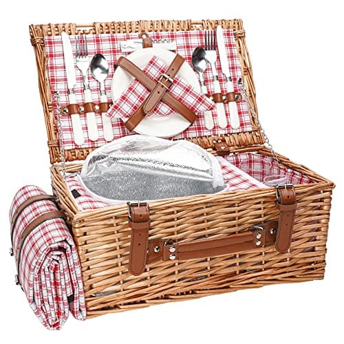 Image of Wicker Picnic Basket Set for 2 Persons with Waterproof Picnic Blanket and Large Insulated Cooler Compartment, Willow Picnic Hamper Basket with Cutlery Service Kits for Camping, Wedding (Red)