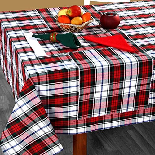Image of HOMESCAPES Christmas Tablecloth, Rectangular Cotton Xmas Table Cloth, Macduff Tartan Check, Handcrafted & Durable Festive Dining Table Cover with Hem Stitch, Hypoallergenic, Washable -137 x 178cm