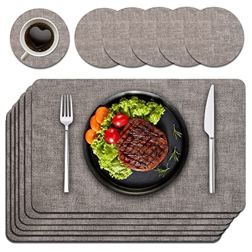 Image of Purejoy Placemats and Coaster Sets 6, Christmas Table Mats PU Leather Heat-Resistant Washable and Non-Slip 43 * 30 cm Dinner Table Mats Set of 6 for Kitchen Mat Table Indoor (Light Grey)