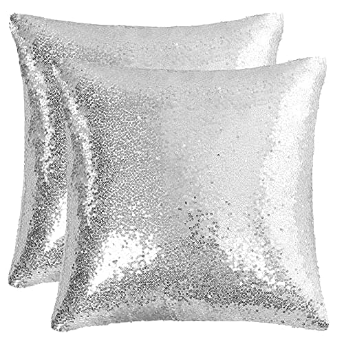 Image of sourcing map 2 Pcs Sequin Throw Pillow Covers, Shiny Sparkling Comfy Satin Cushion Covers, Decorative Pillowcases for Party/Christmas/Thanksgiving/New Year, 40x40 cm, Silver Tone