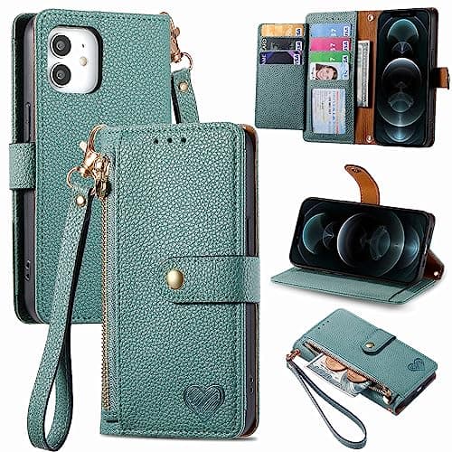 Image of VEEMOS Zipper Wallet Case for Apple iPhone 12 Mini Phone Case with Purse Card Holders RFID Blocking Leather Flip Case Book Cover Wrist Strap Women - Green