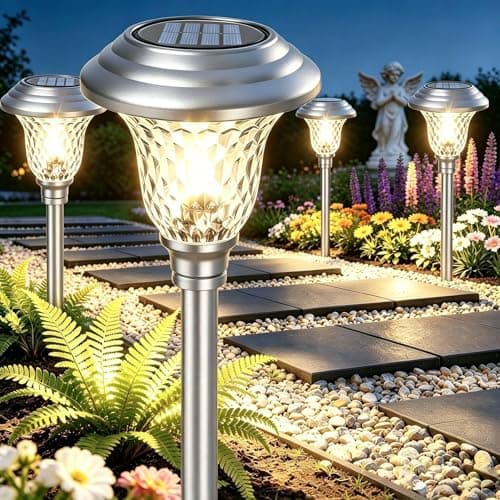 Image of BEAU JARDIN 4 Pack Metal Garden Solar Lights Outdoor Christmas Decorations Waterproof 900mAh LED Solar Stake Glass Lens Stainless Steel Lights Outdoor Garden Stake Sun Powered Landscape Lawn