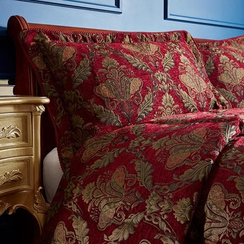 Image of Shiraz Oxford Border Pillow Sham - Burgundy Red and Gold - Embroidered Damask Jacquard - Burgundy Twisted Piped Edges - 100% Polyester - 48 x 74cm (19" x 29" inches) - Made by Riva Paoletti