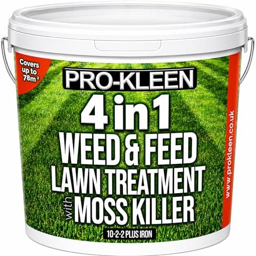Image of Pro-Kleen 4 in 1 Weed and Feed Lawn Treatment with Moss Killer - Greens Grass, Kills Weeds & Moss & Fertilises Grass - Apply from May-August - Covers up to 78m2 - (2.5kg)
