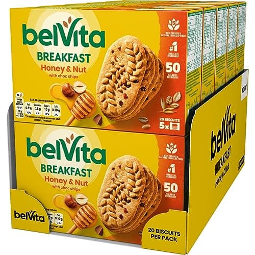 Image of Belvita Breakfast Biscuits Honey and Nuts with Choc Chips, Cereal Bars with 5 Wholegrains 225 g (Pack of 10)