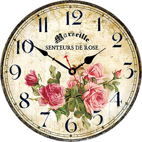 Image of Toudorp Home 14 Inch Silent Non-Ticking Quartz Wooden Wall Clock - Round Battery Operated Indoor Decorative Vintage French Floral Clock (Pink Roses)