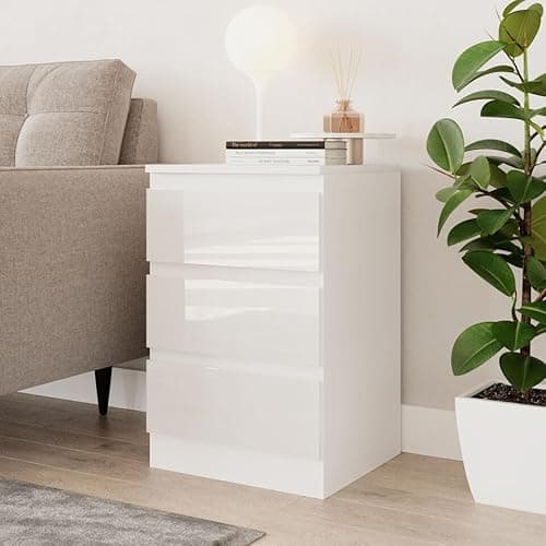 Image of URBNLIVING 62cm High Gloss Bedside Chest of Drawers - 3 Drawer Bedroom Storage Cabinet with Smooth Metal Runner - Modern Dresser Bedside Table for Bedroom Living Room Office Hallway
