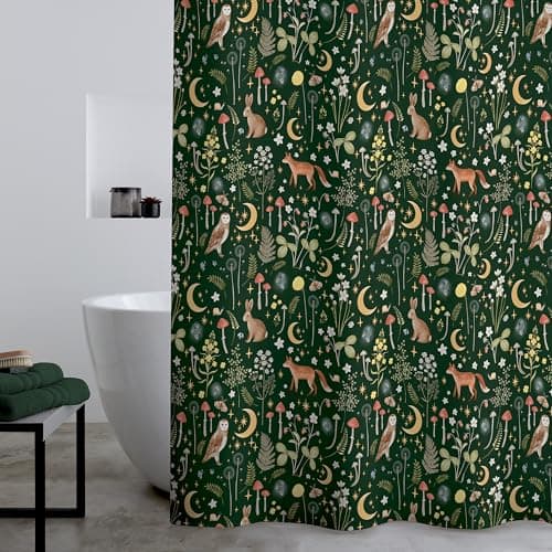 Image of Catherine Lansfield Enchanted Twilight Animals 180x180cm Shower Curtain Forest Green