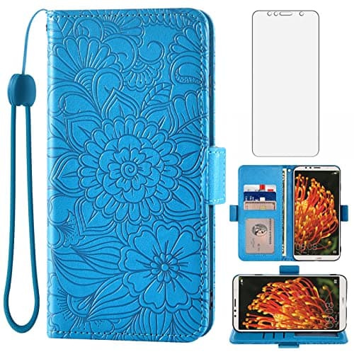 Image of Compatible with Huawei Y6 Prime/Y6 2018/Honor 7A/Enjoy 8E Wallet Case and Tempered Glass Screen Protector Card Holder Stand Magnetic Phone Cover for Hawaii Y6Prime Honor7A Pro Women Men Blue