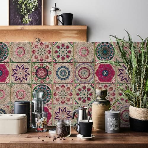 Image of HORIWE Tile Stickers Vintage Moroccan Wall Decal Sticker Adhesive Tile Art DIY Kitchen Bathroom Backsplash Floor Home Decor PVC Waterproof Oil Proof New 8x8 Inches 24pc…